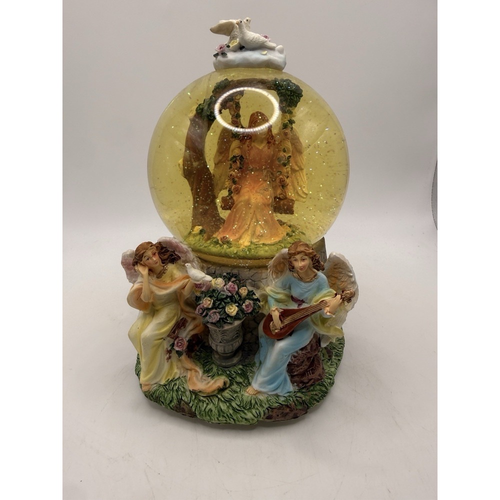 Sankyo Angels Snow Globe 7" Doves Garden Glitter COTTAGE Vtg *Works* 100% Water